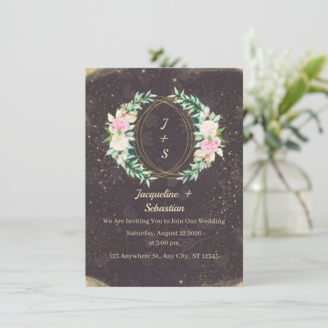 Invitation Couronne florale scintillante dorée Mariage (Debout devant)