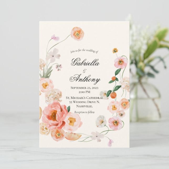 Invitation Couronne Florale Script moderne de mariage Invitat (Debout devant)
