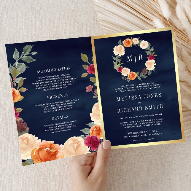 Invitation Couronne florale terreuse QR Code mariage bleu mar (Créateur téléchargé)