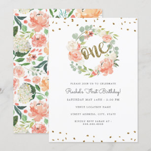 Invitation Couronne Florale Une Or Pêche Premier Anniversaire