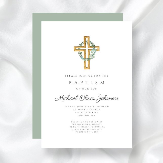 Invitation Couronne florale vert sauge croix religieuse baptê (Religious Cross Sage Green Floral Wreath Baptism Invitation)