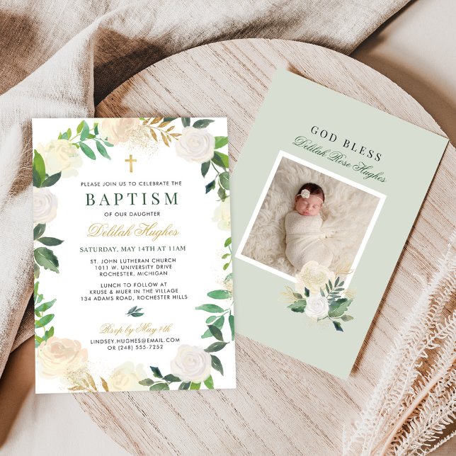 Invitation Couronne florale verte élégante pour baptême de fi (Créateur téléchargé)