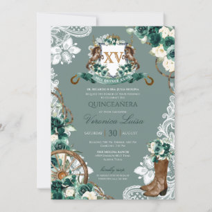 Invitation Couronne florale verte émeraude Charro Quinceanera