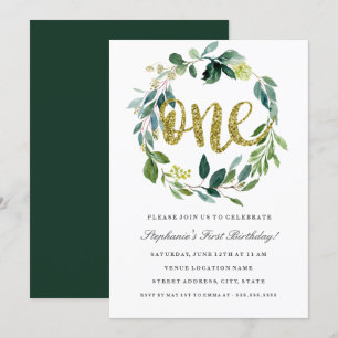 Invitation Couronne Florale Verte Or Premier Anniv