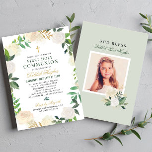 Invitation Couronne florale verte sage pour fille de première