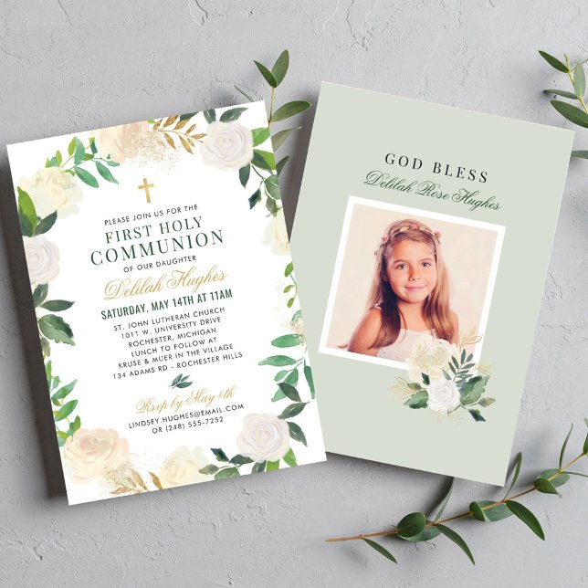 Invitation Couronne florale verte sage pour fille de première (Créateur téléchargé)