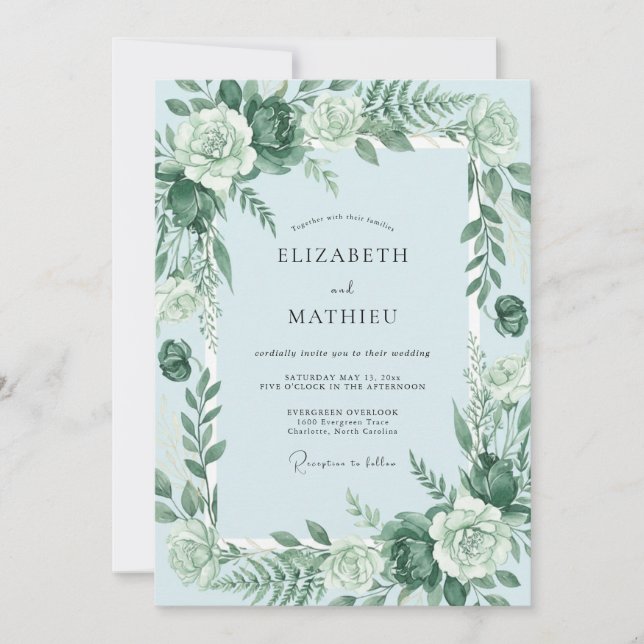 Invitation Couronne florale verte sauge mariage (Devant)