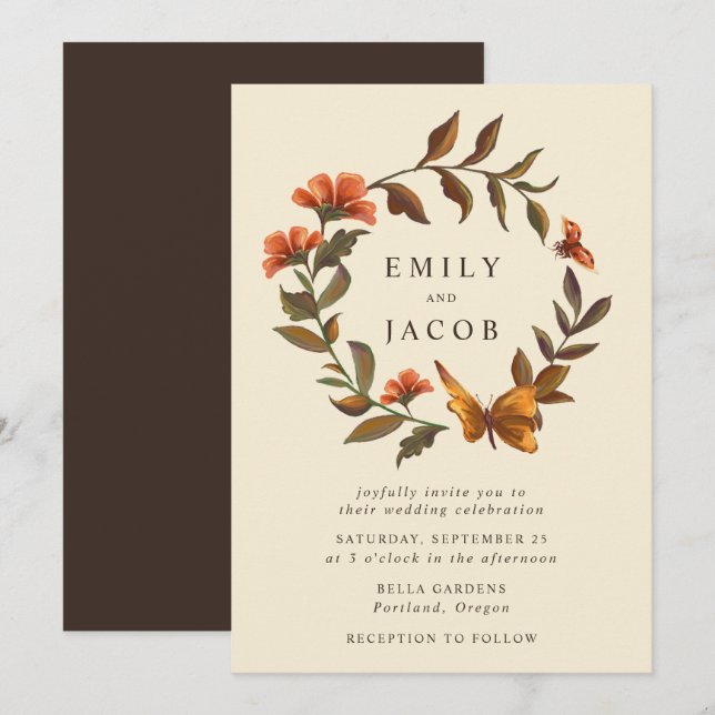 Invitation Couronne Florale Vintage Mariage (Devant / Derrière)