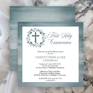 Invitation Couronne garçon première communion aquarelle bleue