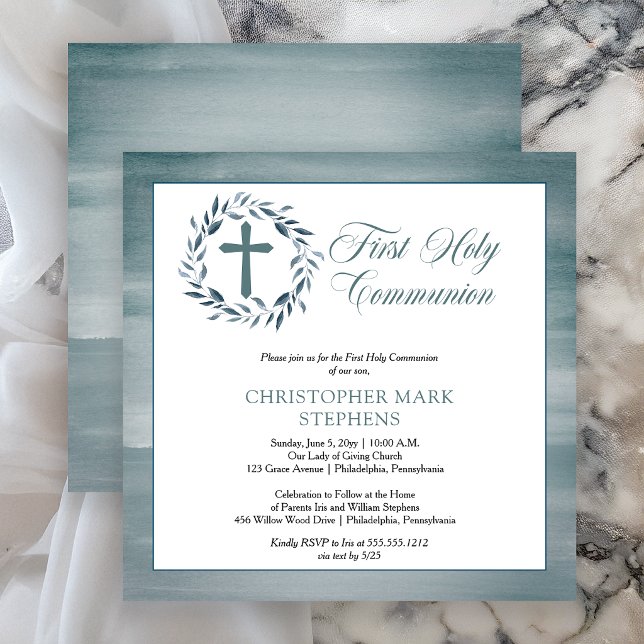 Invitation Couronne garçon première communion aquarelle bleue (Elegant Blue Watercolor Wreath Boy First Holy Communion Invitation)