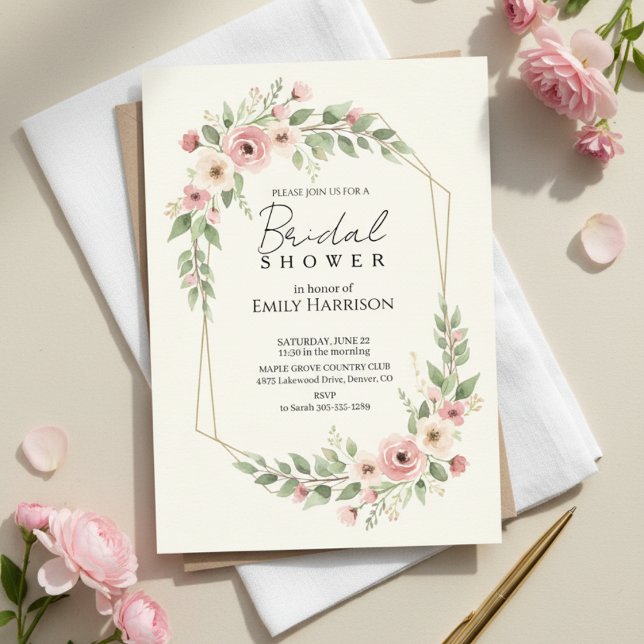 Invitation Couronne géométrique dorée de rose douce pour la d (rose geometric gold invitation)