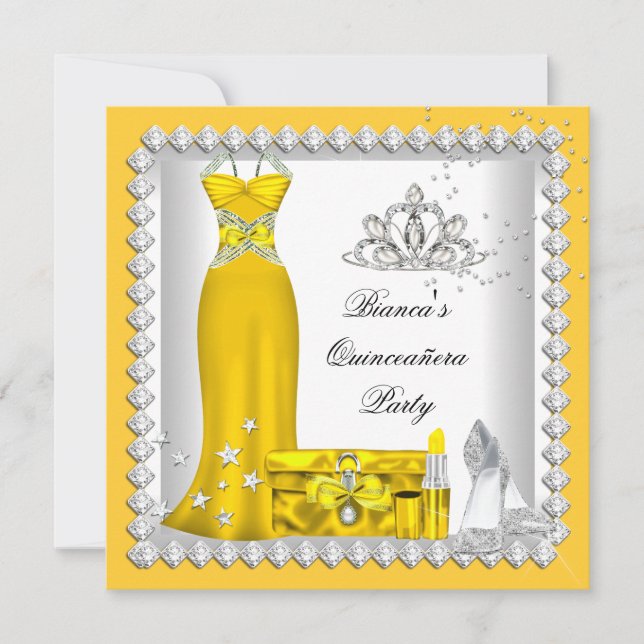 Invitation Couronne Jaune pour Quinceanera 15ème Anniversaire (Devant)