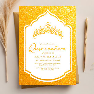 Invitation Couronne Luxueuse Blanche et Or Quinceanera