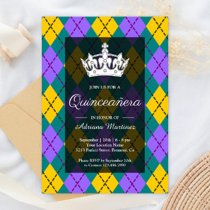 Invitation Couronne Mardi Gras Jaune Violet Argyle Quinceaner