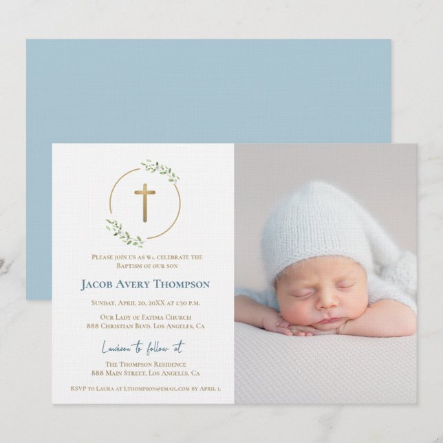 Invitation Couronne moderne Croix dorée Baptême de bébé Photo (Devant / Derrière)