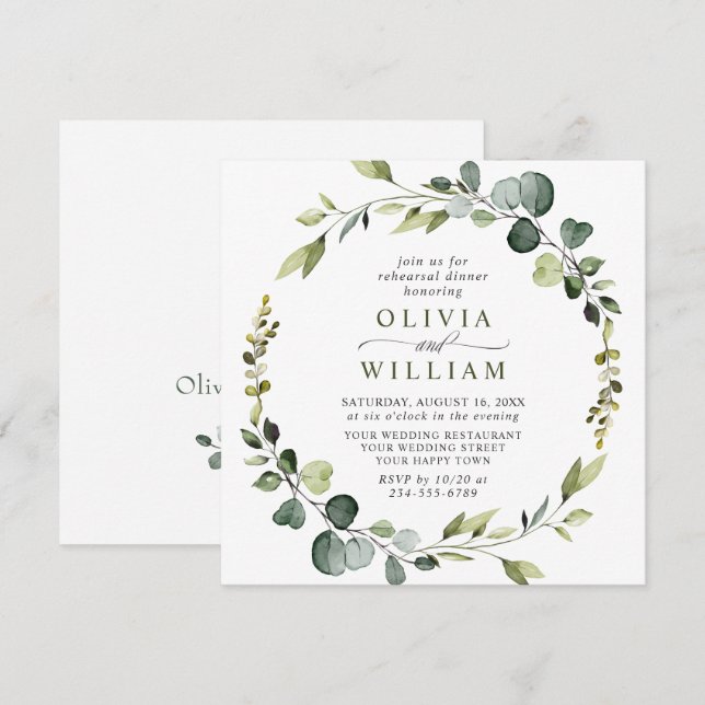 Invitation Couronne moderne en eucalyptus pour DINER DE REHEA (Devant / Derrière)