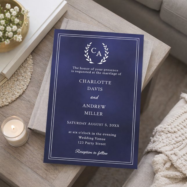 Invitation Couronne monogramme bleu marine simple mariage  (Créateur téléchargé)