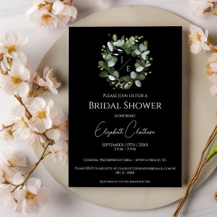 Invitation Couronne Monogramme Eucalyptus moderne   Black