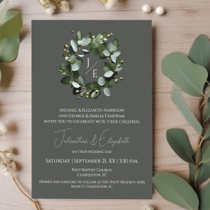 Invitation Couronne Monogramme Eucalyptus moderne Gray