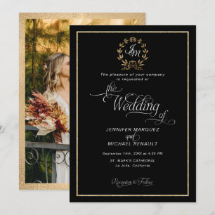 Invitation Couronne Monogramme Photo de Mariage Élégante Noir