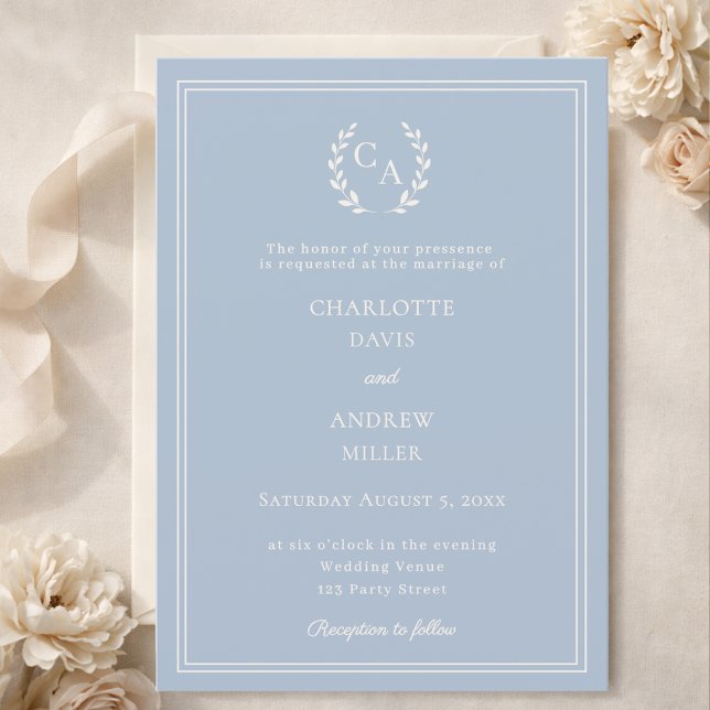 Invitation Couronne monogramme simple mariage bleu poussiéreu (Créateur téléchargé)