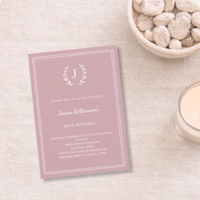 Invitation Couronne monogrammée rose poussiéreuse anniversair (Créateur téléchargé)