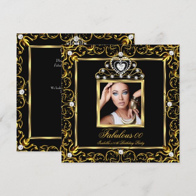 Invitation Couronne noire dorée pour une fête d'anniversaire  (Devant / Derrière)