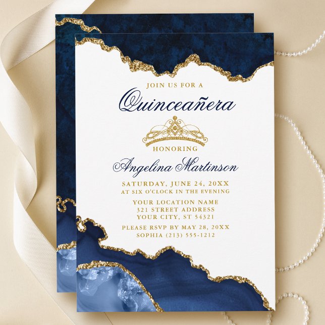 Invitation Couronne or en marbre bleu Quinceanera (Customize to change text size, text color or text style.)