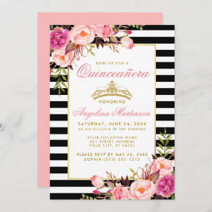 Invitation Couronne or Quinceanera rayé rose floral