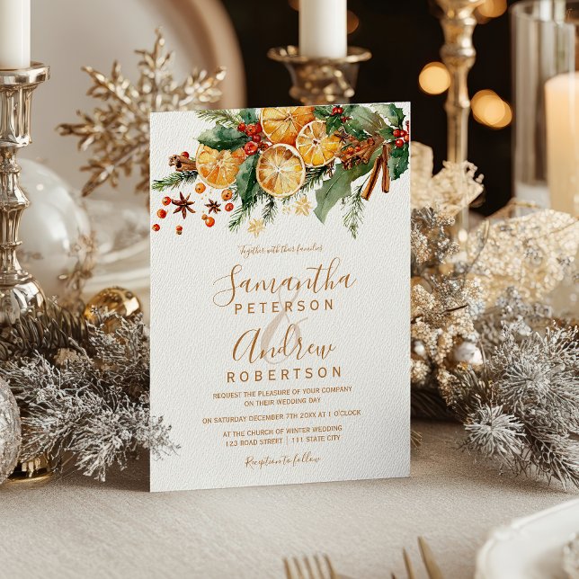 Invitation Couronne orange Citrus Noël mariage d'hiver (Orange Wreath Citrus Christmas winter wedding Invitation)