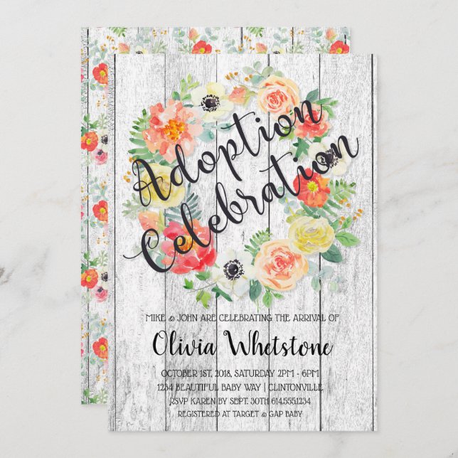 Invitation Couronne orange et jaune aquarelle Adoption (Devant / Derrière)