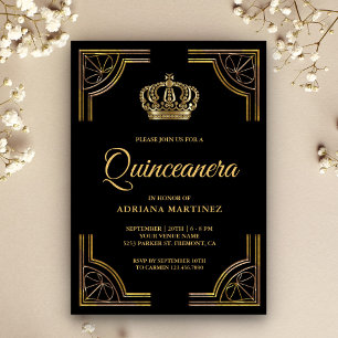 Invitation Couronne ornée de noir vintage Quinceanera