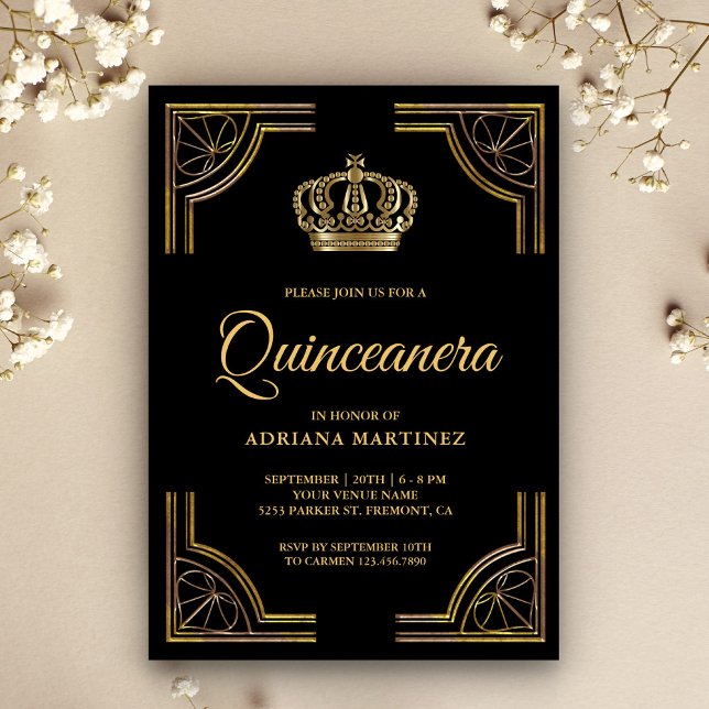 Invitation Couronne ornée de noir vintage Quinceanera (Créateur téléchargé)