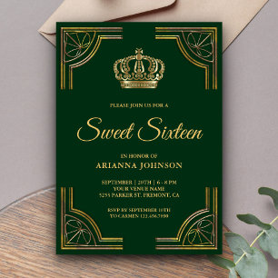 Invitation Couronne Ornée Vintage Vert Doré pour un Sweet Six