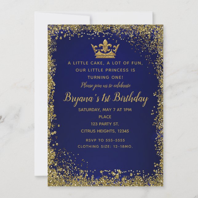 Invitation Couronne pailletée bleu roi et or pour fête d'anni (Devant)