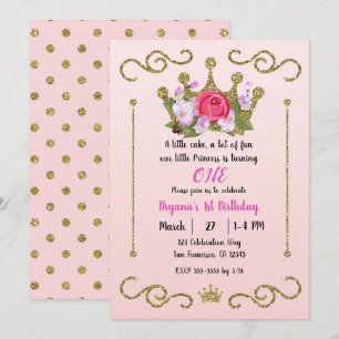 Invitation Couronne Pailletée Or Fleurs Points Rose 1er Anniv