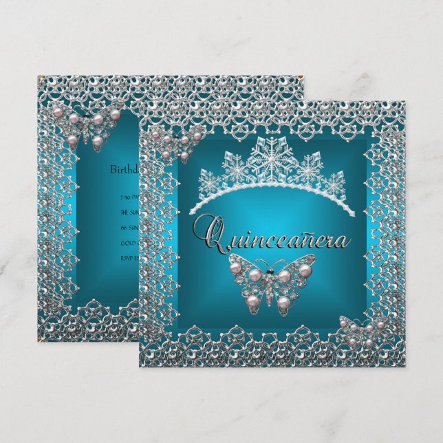 Invitation Couronne papillon argent sarcelle pour Quinceanera (Devant / Derrière)