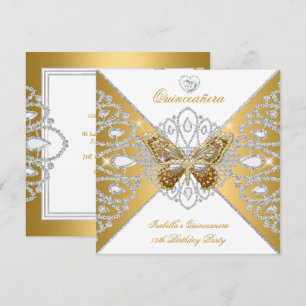 Invitation Couronne papillon blanc or pour fête de 15 ans Qui