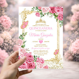 Invitation Couronne papillon rose or Quinceañera 15 Ans