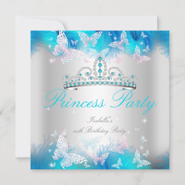 Invitation Couronne Papillon Rose Turquoise Bleu Fête de Prin (Devant)