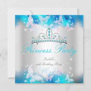 Invitation Couronne Papillon Rose Turquoise Bleu Fête de Prin