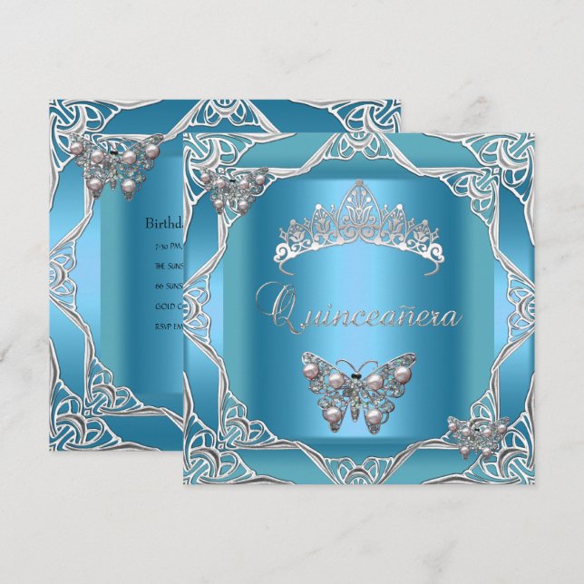 Invitation Couronne papillon sarcelle argent pour Quinceanera (Devant / Derrière)
