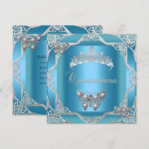 Invitation Couronne papillon sarcelle argent pour Quinceanera