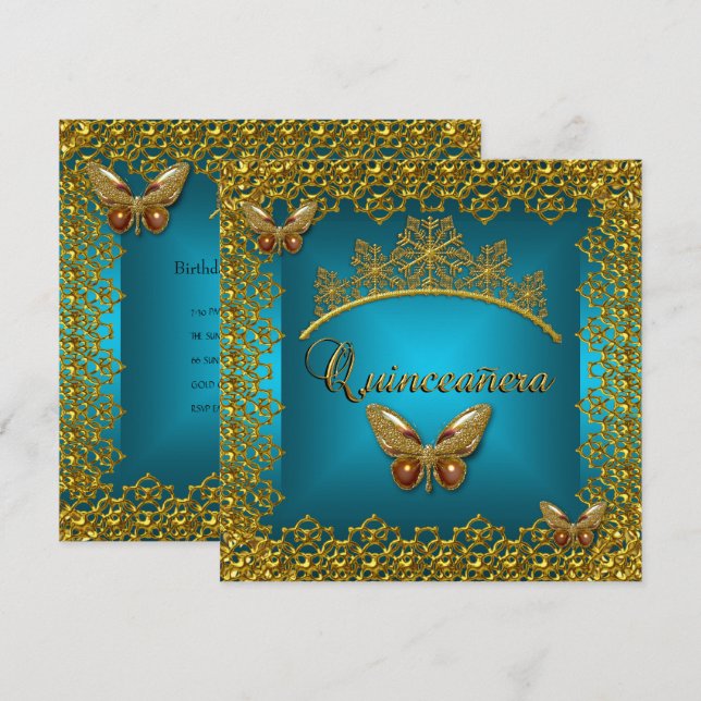 Invitation Couronne papillon sarcelle or pour Quinceanera (Devant / Derrière)