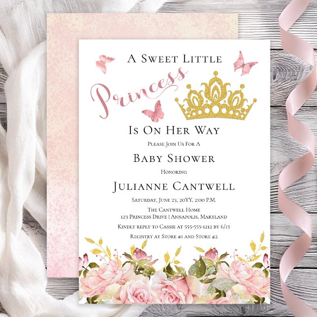 Invitation Couronne | Papillons Floral Princess Baby shower (Faux Gold Glitter Crown and Pink Butterflies Roses Floral Princess Baby Shower Invitation)