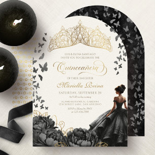 Invitation Couronne Papillons Floraux en Or Noir pour Quincea