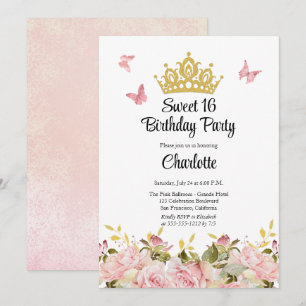 Invitation Couronne Papillons Rose Floral Douce 16e Anniver