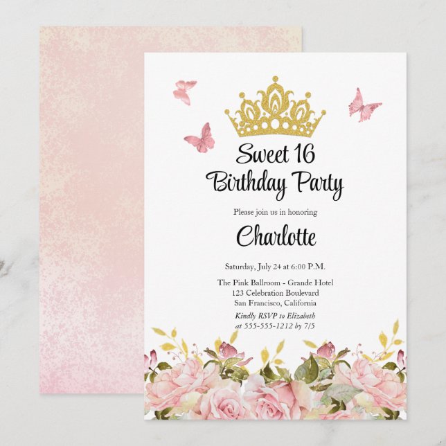 Invitation Couronne | Papillons Rose Floral Douce 16e Anniver (Devant / Derrière)