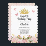 Invitation Couronne | Papillons rose Floral Sweet 16 Annivers<br><div class="desc">Design "Sweet 16 Birthday Party" avec une couronne de tiare parties scintillant en faux or,  papillons en dégradé rose et sur la parties scintillant en faux or accentué bordures florales rose rose. Ajoutez simplement les détails de la fête pour compléter la conception. Conception composite par Holiday Hearts Designs.</div>
