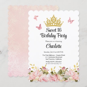 Invitation Couronne   Papillons rose Floral Sweet 16 Annivers